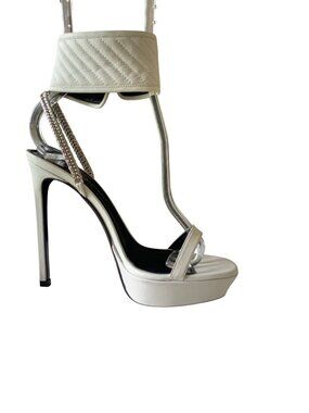 Saint Laurent Paris White High Heels With Quilted Ankle Strap & Chain Detail